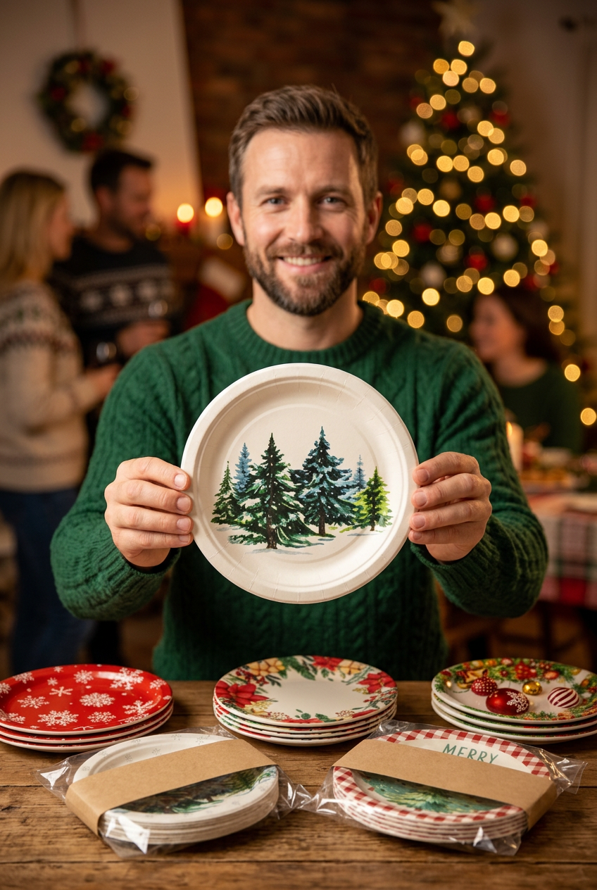 Man holding an evergreen design Christmas paper plate