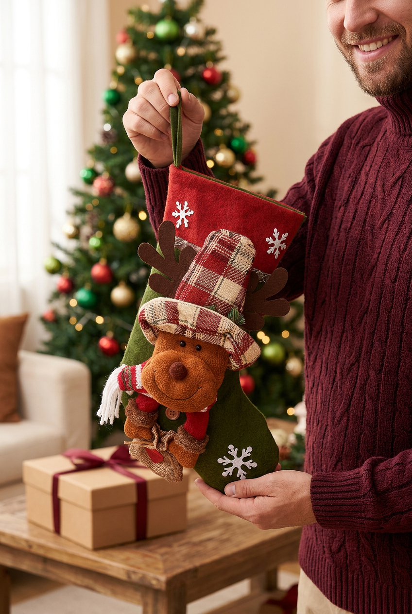 Man holding a reindeer Christmas stocking