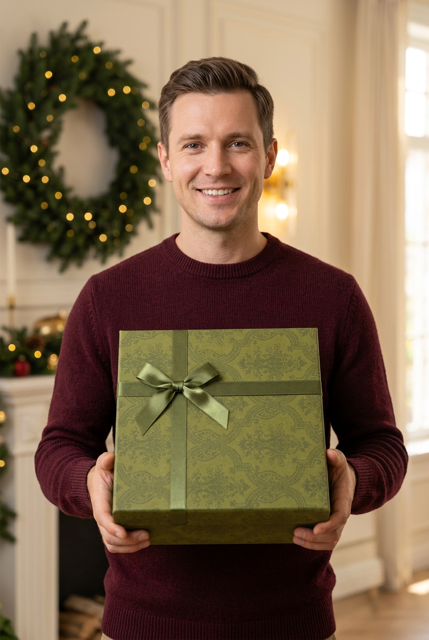 Man in a burgundy sweater holding the olive-green Christmas soap gift box