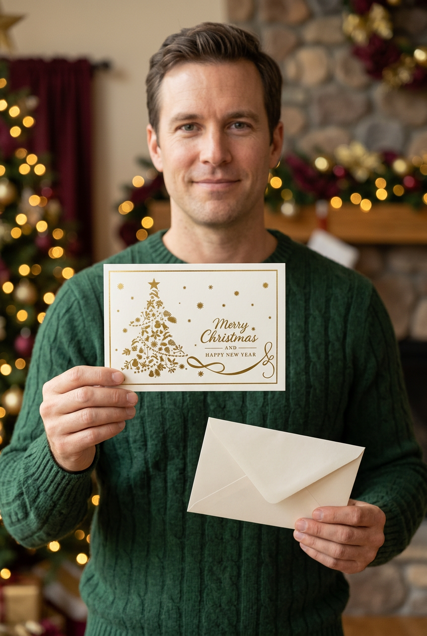 Man holding the closed Christmas greeting card and plain ivory envelope