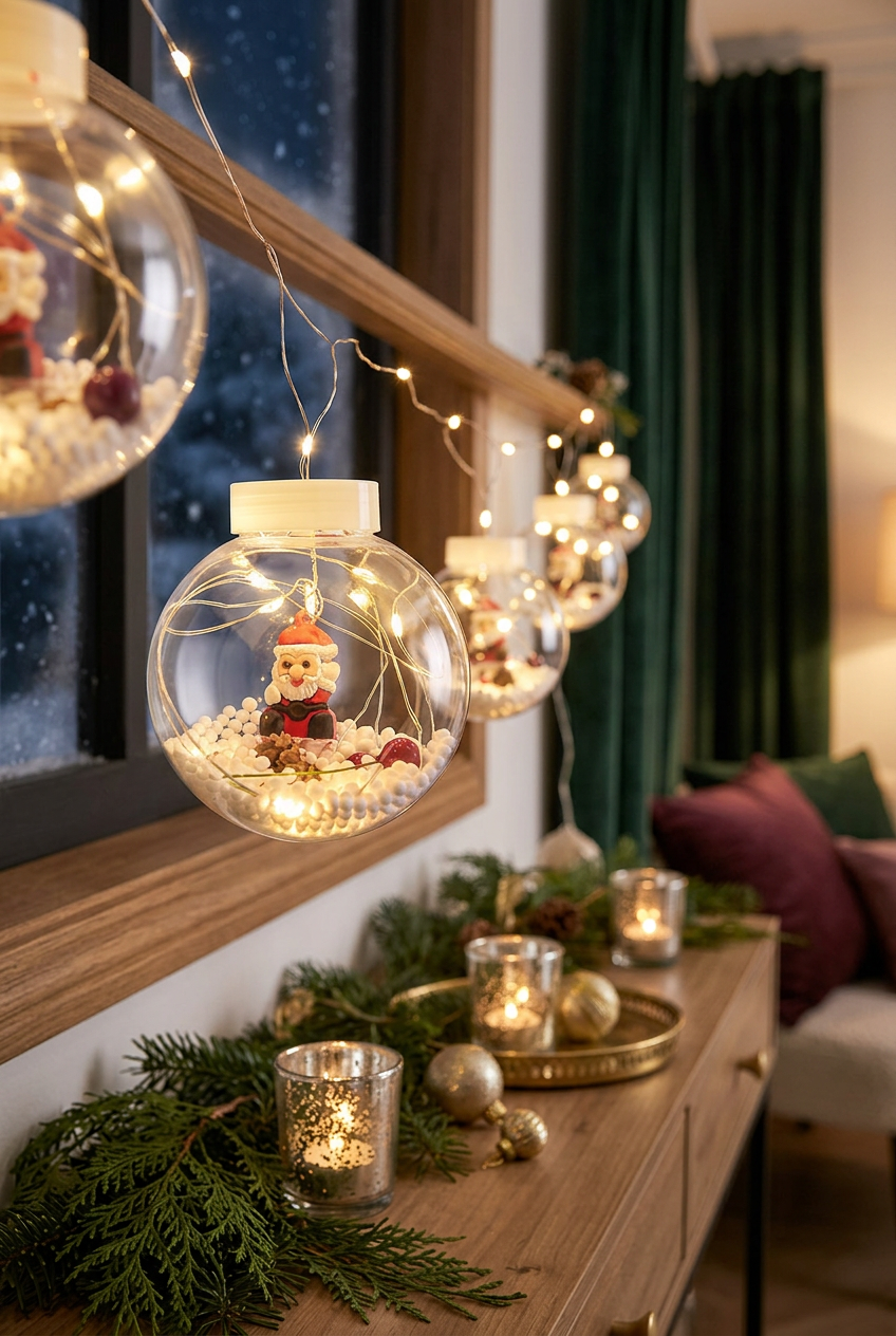 Santa globe garland in a festive indoor window display