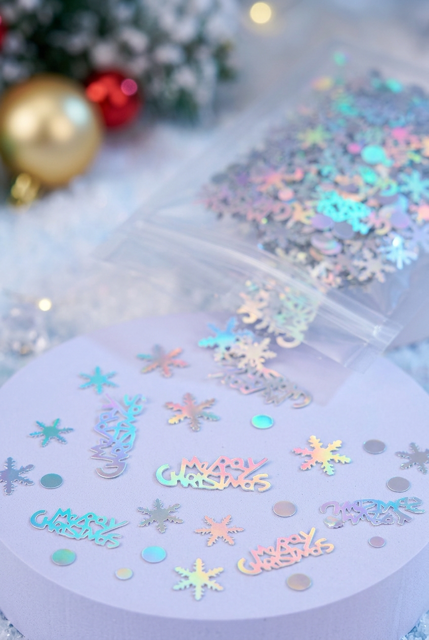 Close-up of iridescent snowflake, circle and Merry Christmas confetti