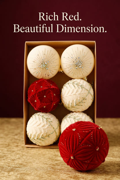 Red textured ornament with golden dot detailing
