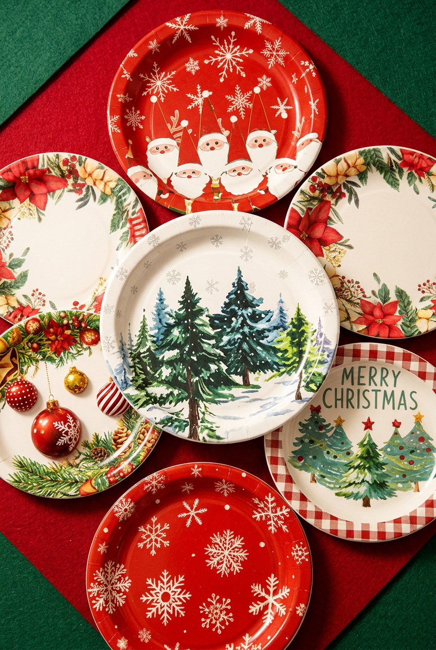 Close view of Christmas paper plate printed designs