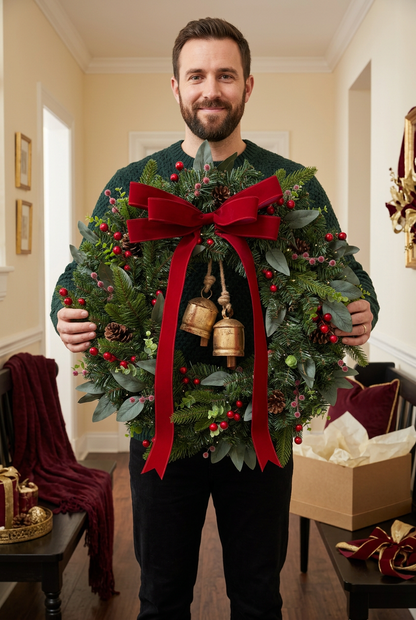 Man in a green sweater holding the Christmas wreath in a holiday entryway