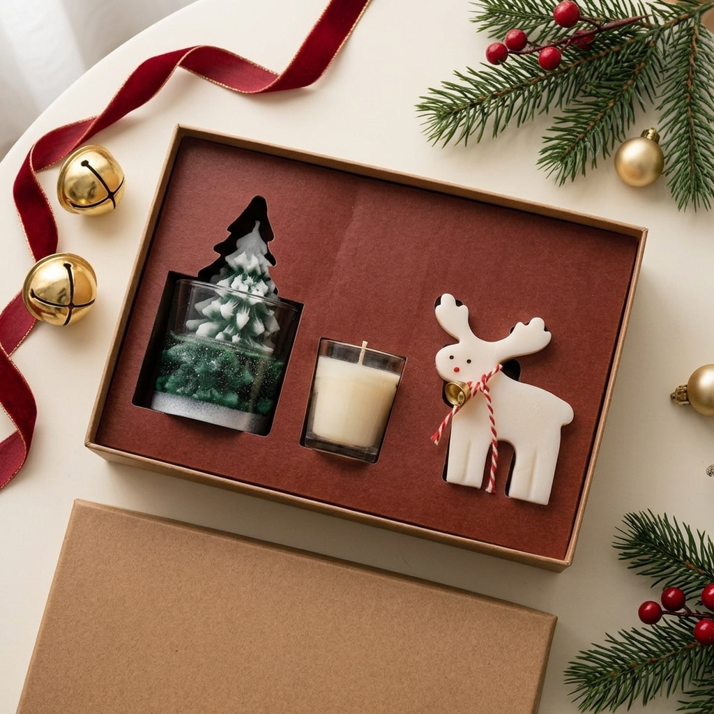 Overhead view of Christmas candle gift set