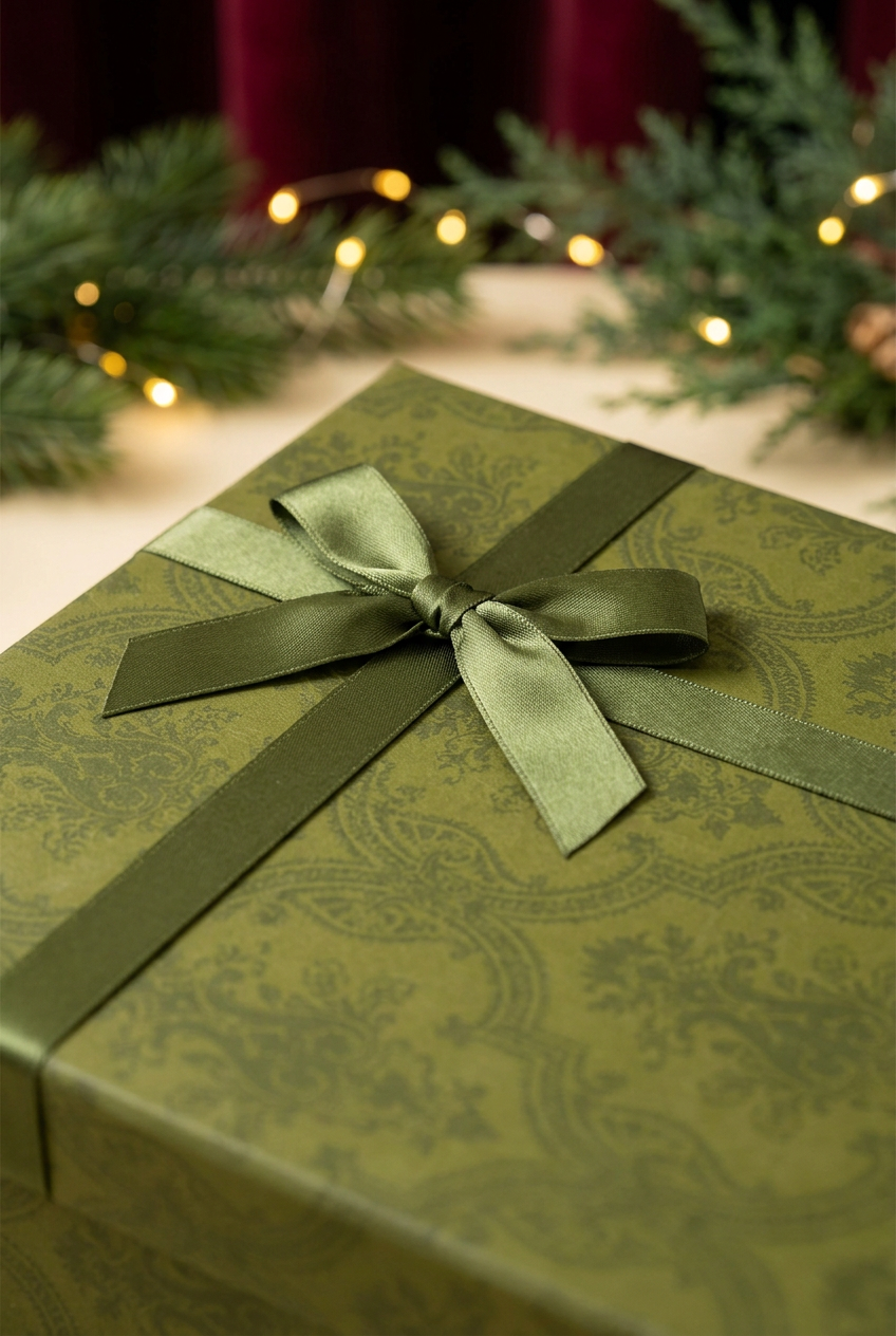 Close-up of olive satin ribbon and bow on patterned soap gift packaging