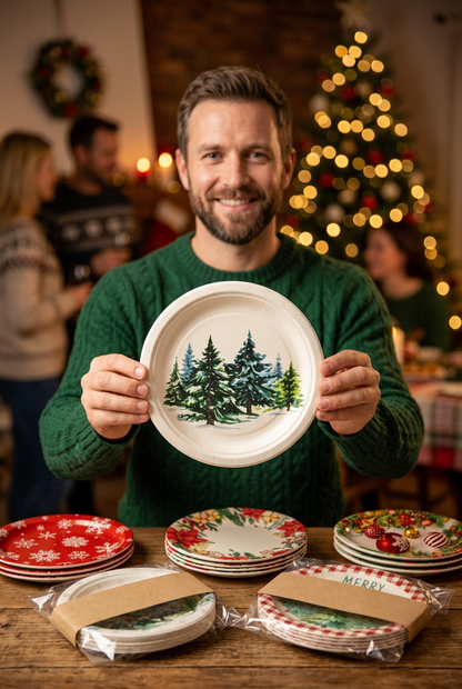 Man holding an evergreen design Christmas paper plate