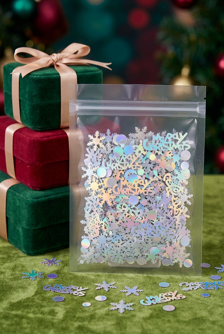 Christmas confetti styled beside colorful wrapped holiday gifts