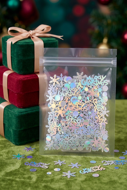 Christmas confetti styled beside colorful wrapped holiday gifts