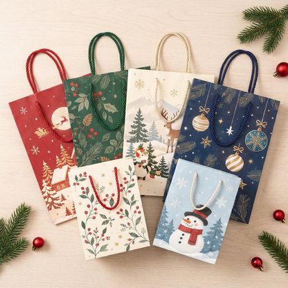 Christmas Stories Gift Bag Set with Rope Handles – Colorful Holiday Gift Packaging with Snowy Village, Woodland Deer, Holly, Ornament & Snowman Designs