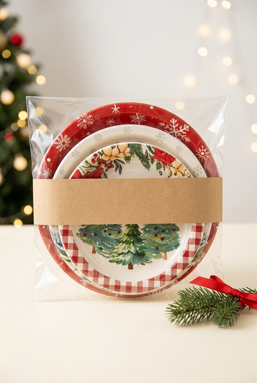 Christmas paper plates with unbranded packaging