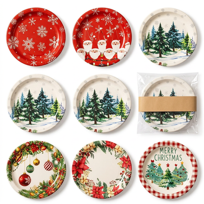 Christmas disposable paper plates on a white background