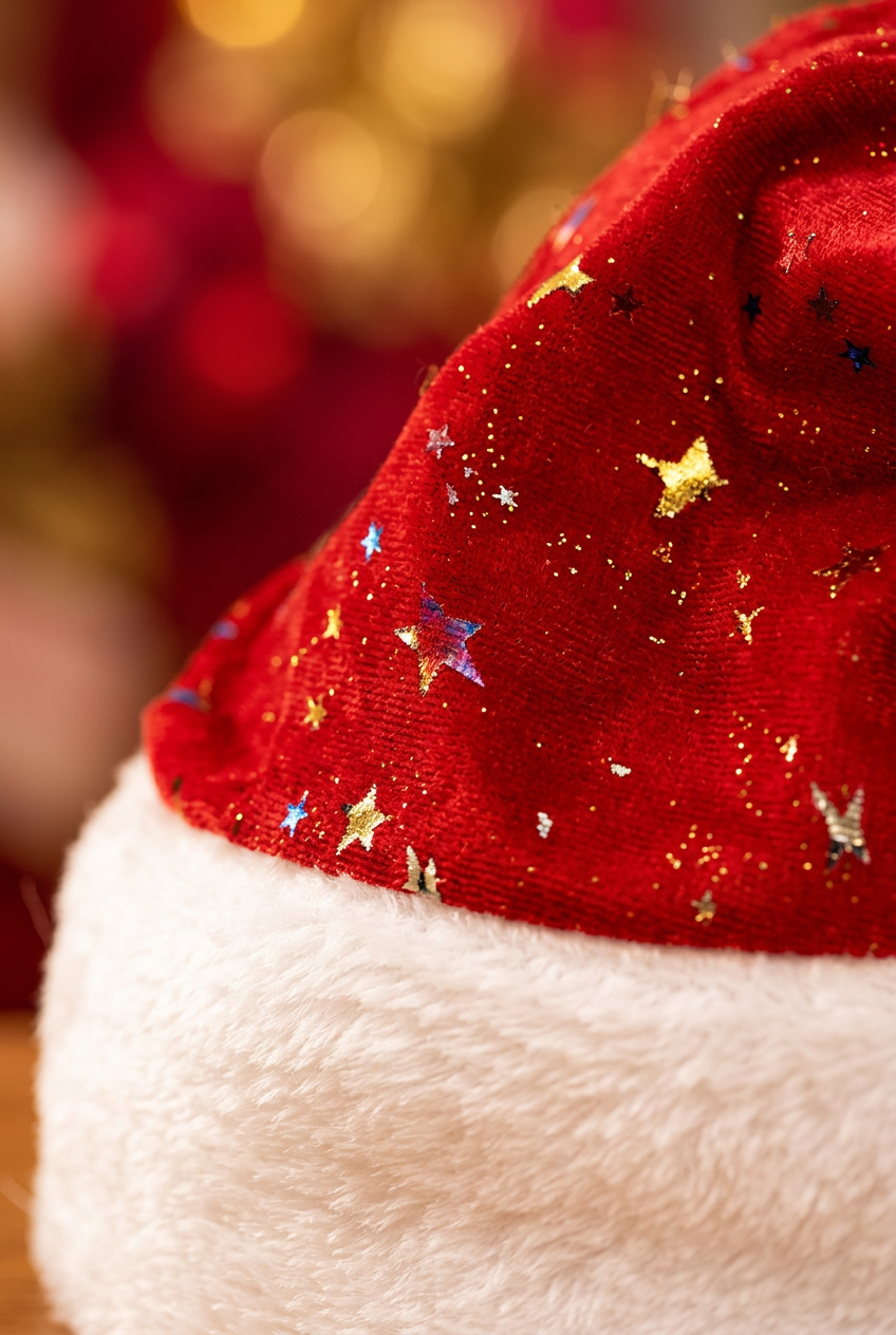 Close-up of star accents and white trim on a red Christmas hat