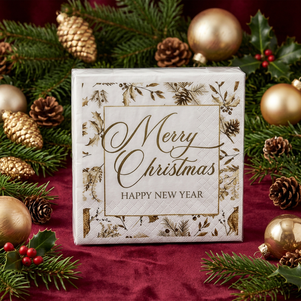 Christmas napkins in a festive cranberry and gold setting