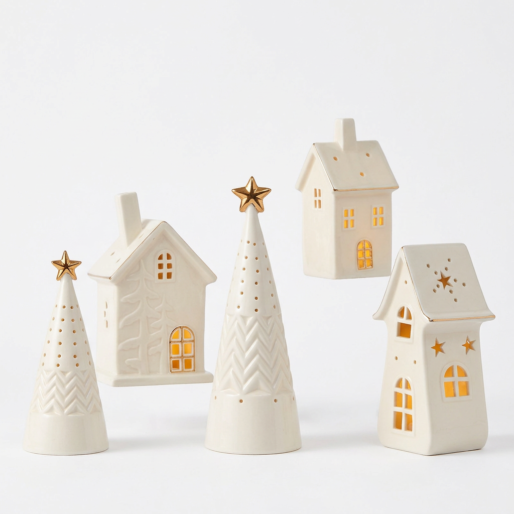 Christmas houses and gold-star trees on a white background