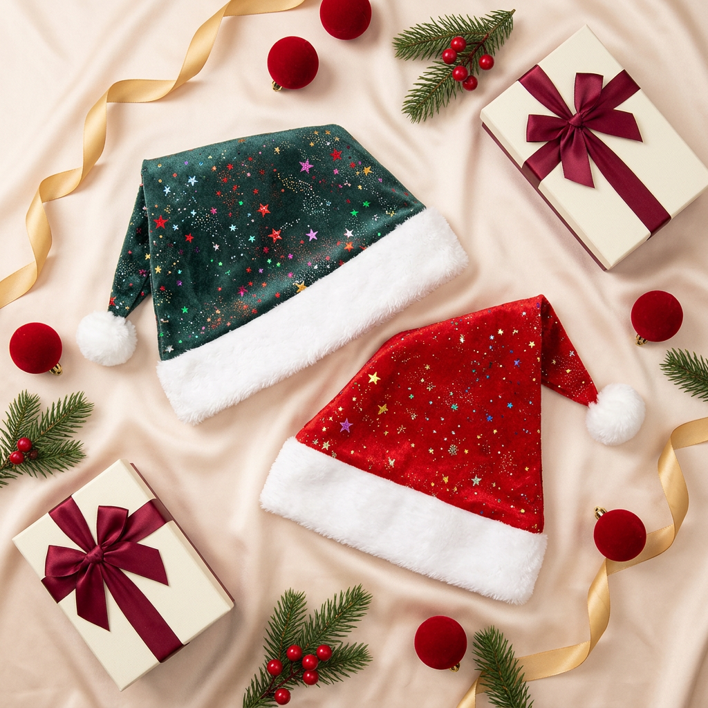 Overhead Christmas hat styling with unbranded gift packaging