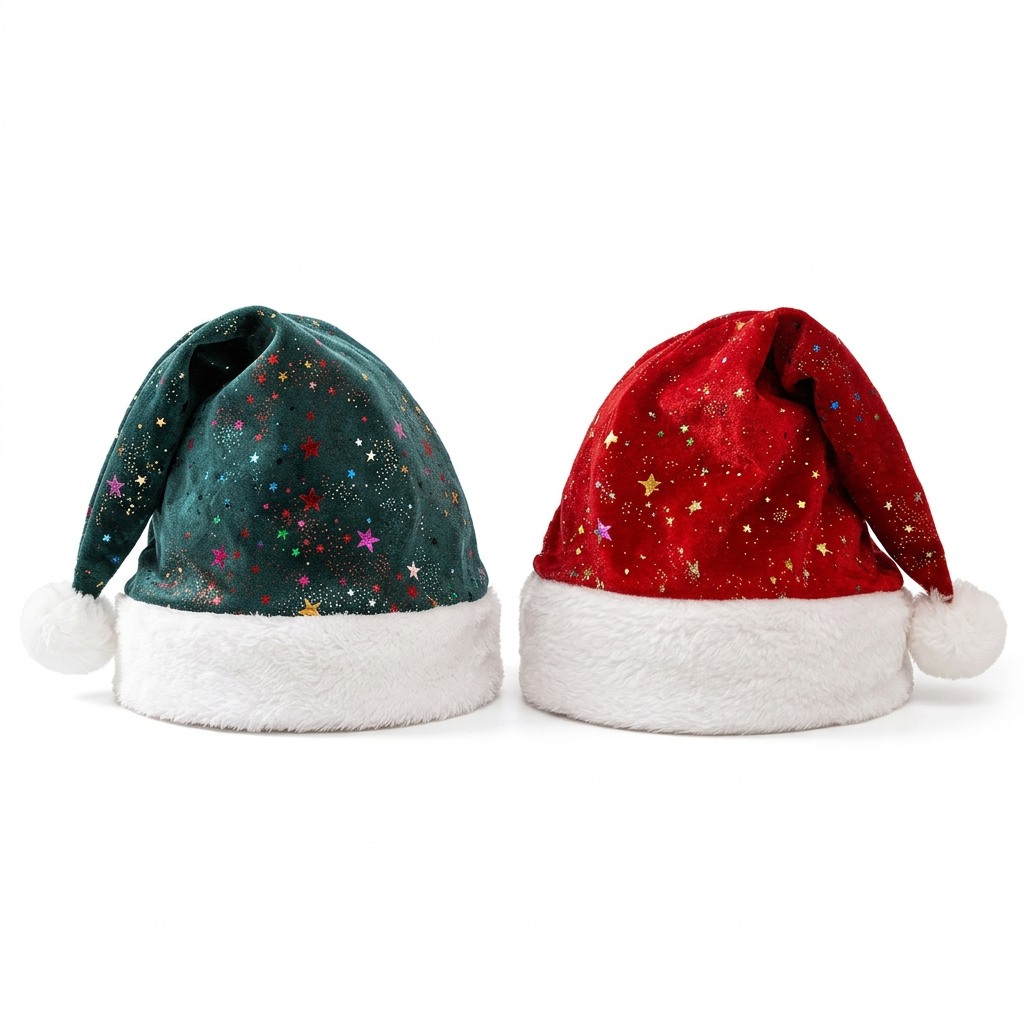 Red and forest green Christmas hats on a white background