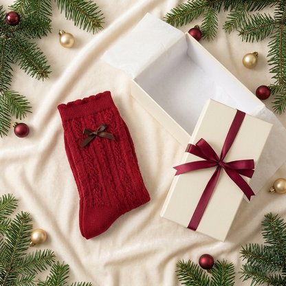 The Christmas Bow Edit — Cranberry Red Cable-Knit Mid-Calf Socks with Textured Stitch Details & Delicate Ribbon Accents