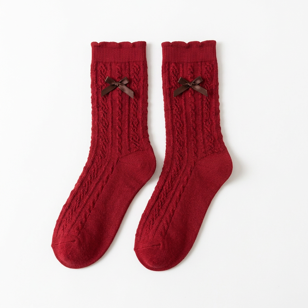The Christmas Bow Edit — Cranberry Red Cable-Knit Mid-Calf Socks with Textured Stitch Details & Delicate Ribbon Accents