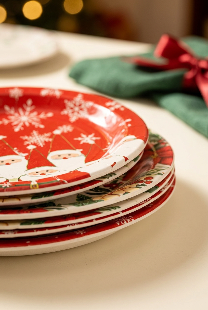 Christmas paper plate rim and stacked plate detail