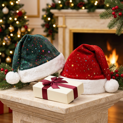 Red and forest green star-detailed Christmas hats on a cream display