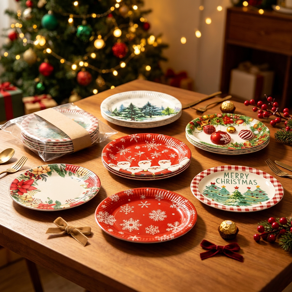 Christmas paper plates on a warmly styled holiday dining table