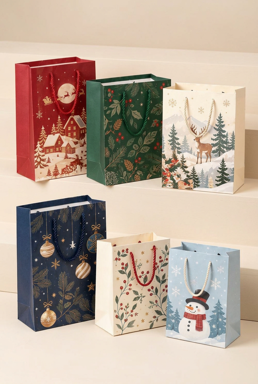Christmas Stories Gift Bag Set with Rope Handles – Colorful Holiday Gift Packaging with Snowy Village, Woodland Deer, Holly, Ornament & Snowman Designs