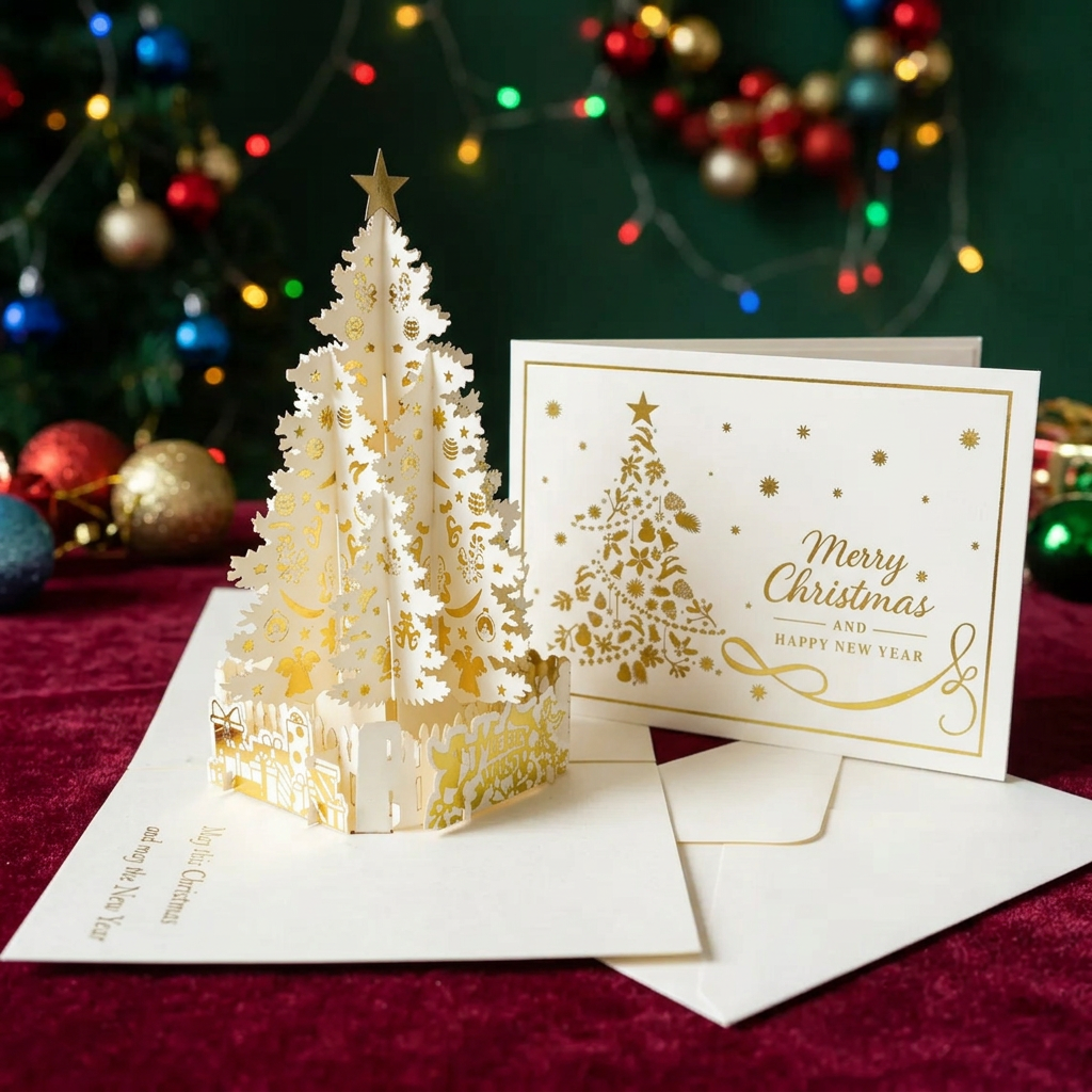 Ivory and gold pop-up Christmas tree greeting card on a burgundy festive setting