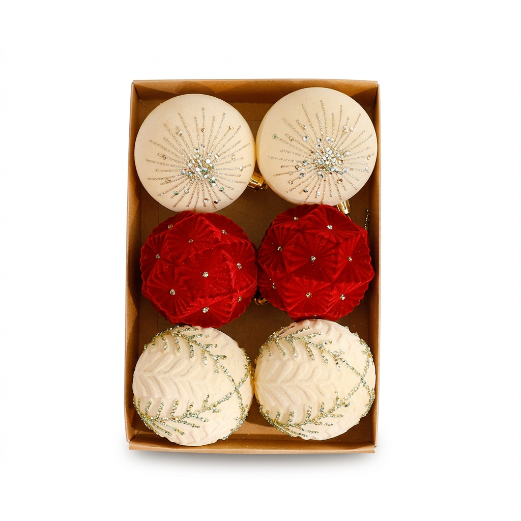 Six Christmas ornaments in unbranded kraft packaging on a white background