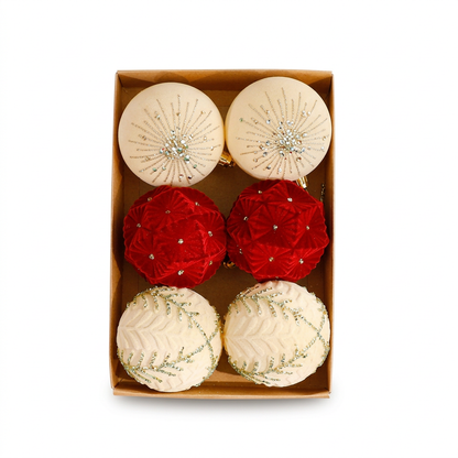 Six Christmas ornaments in unbranded kraft packaging on a white background