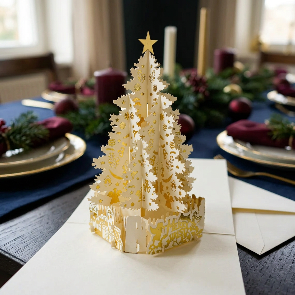 Open dimensional Christmas tree card in a colorful holiday dining setting