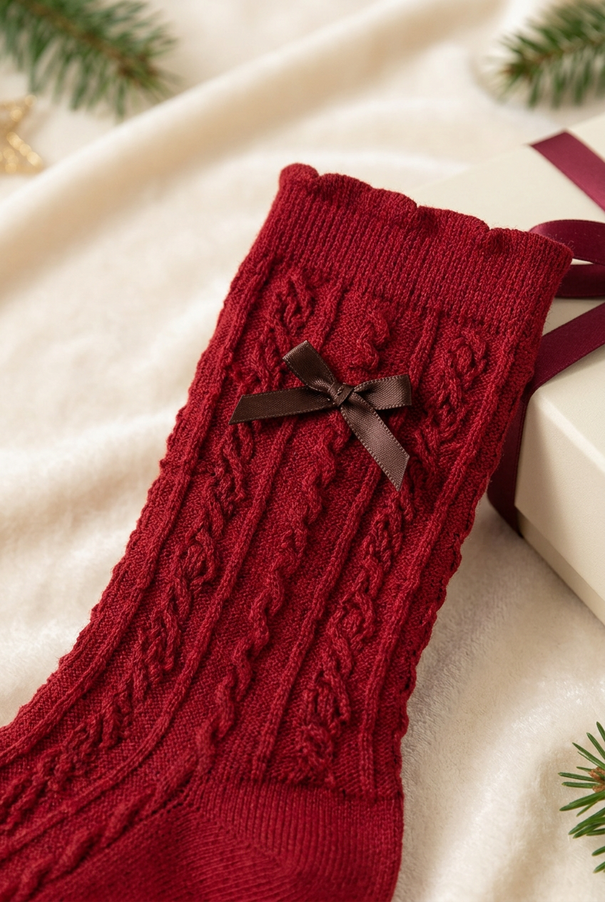 The Christmas Bow Edit — Cranberry Red Cable-Knit Mid-Calf Socks with Textured Stitch Details & Delicate Ribbon Accents
