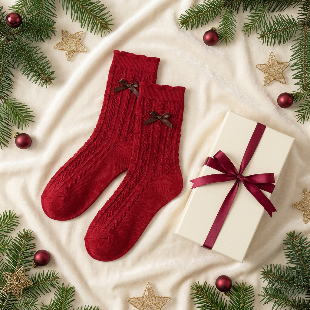 The Christmas Bow Edit — Cranberry Red Cable-Knit Mid-Calf Socks with Textured Stitch Details & Delicate Ribbon Accents