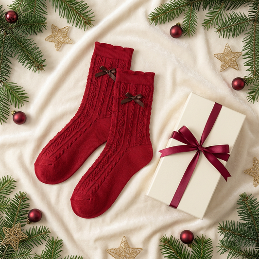 The Christmas Bow Edit — Cranberry Red Cable-Knit Mid-Calf Socks with Textured Stitch Details & Delicate Ribbon Accents