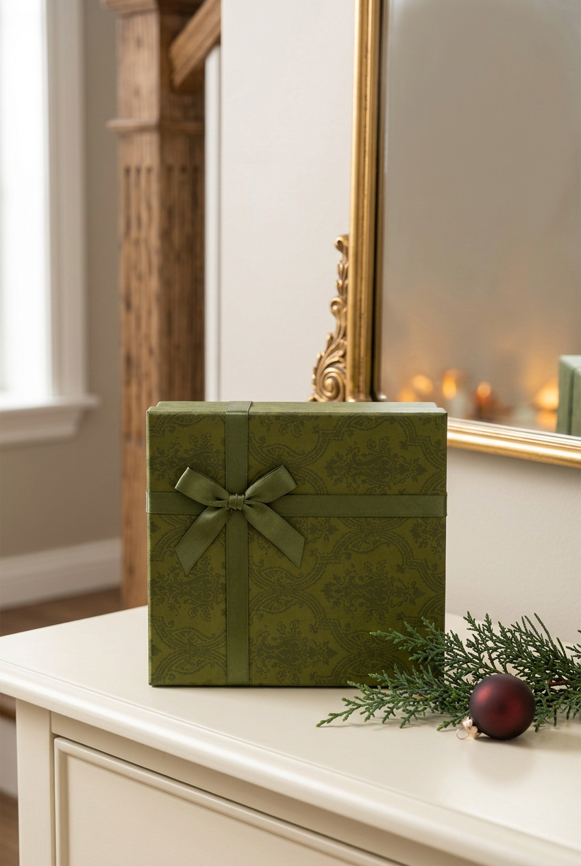 Christmas soap gift box styled on an ivory console