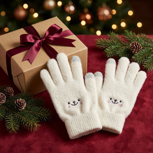 Ivory smile-face gloves on a cranberry Christmas background beside an unbranded gift box; packaging styling concept