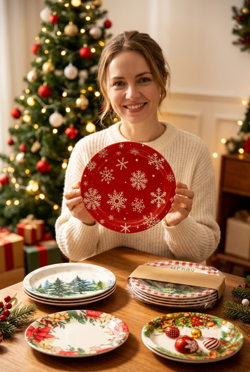Woman holding a festive Christmas paper plate