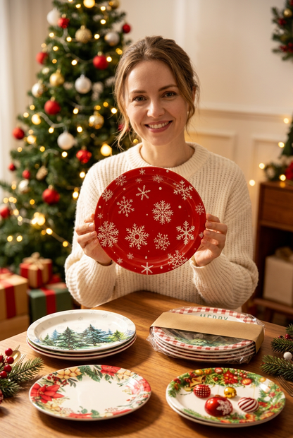 Woman holding a festive Christmas paper plate