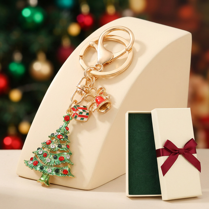 Christmas tree keychain in warm holiday setting