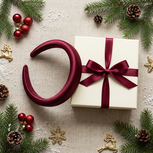 Burgundy headband holiday flat lay beside an unbranded ivory box with burgundy ribbon