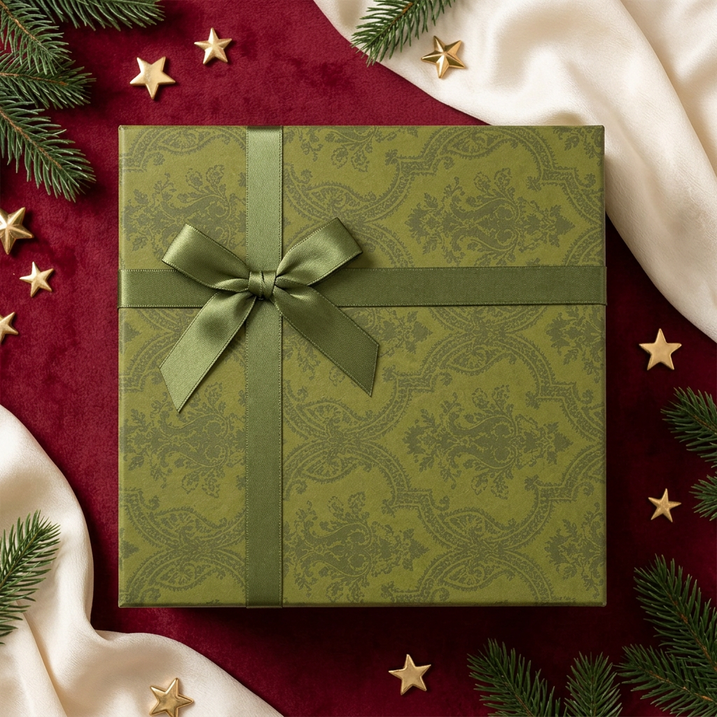 Overhead view of olive-green soap gift box on a cranberry Christmas background