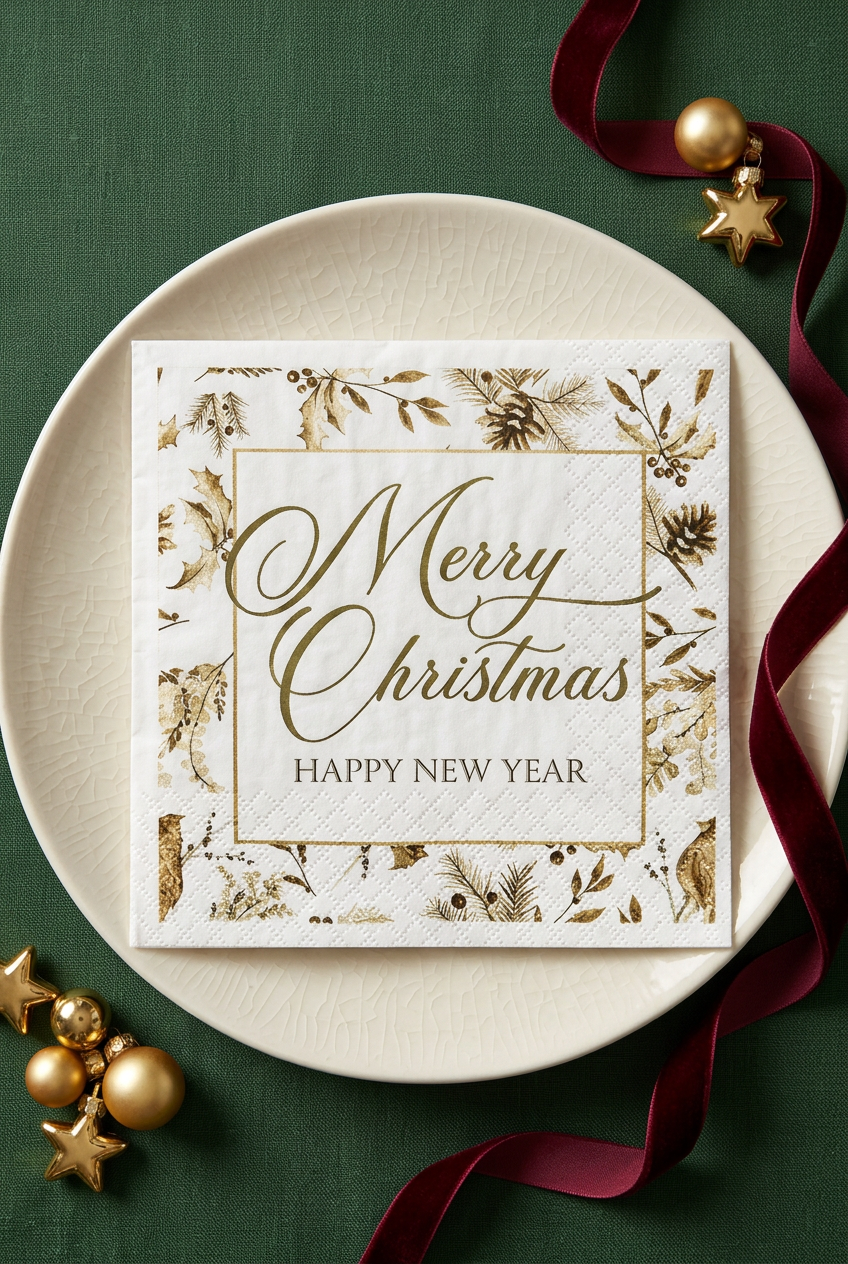 Botanical Christmas napkin styled with forest green table linen