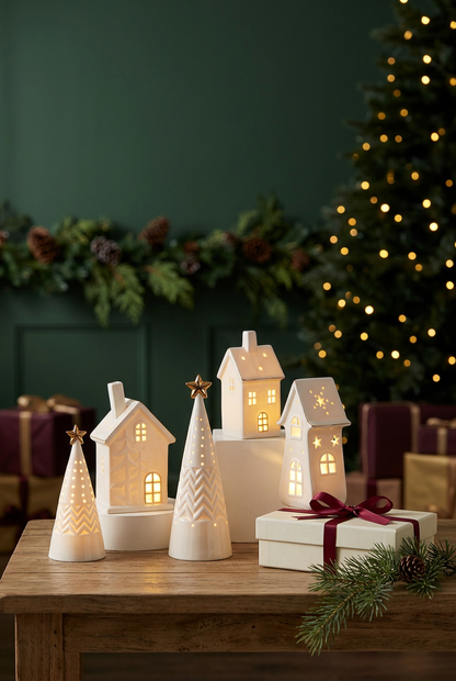 Layered Christmas village photography display