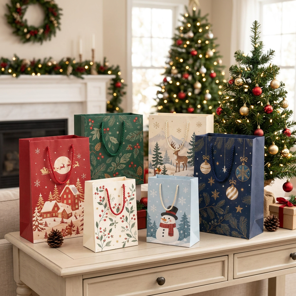 Christmas Stories Gift Bag Set with Rope Handles – Colorful Holiday Gift Packaging with Snowy Village, Woodland Deer, Holly, Ornament & Snowman Designs