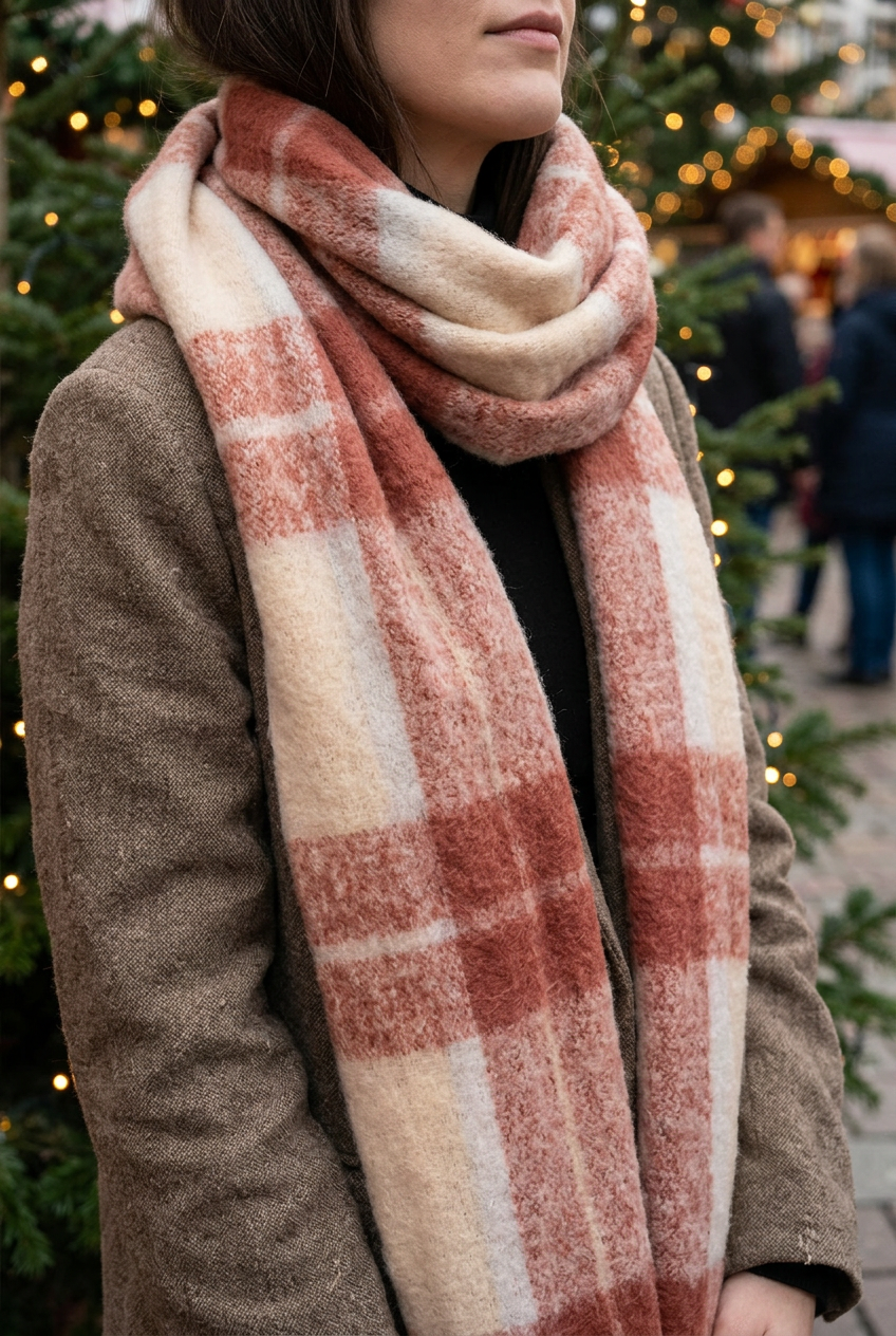 Close-up of cream and dusty rose check scarf styled over a taupe coat at a Christmas market