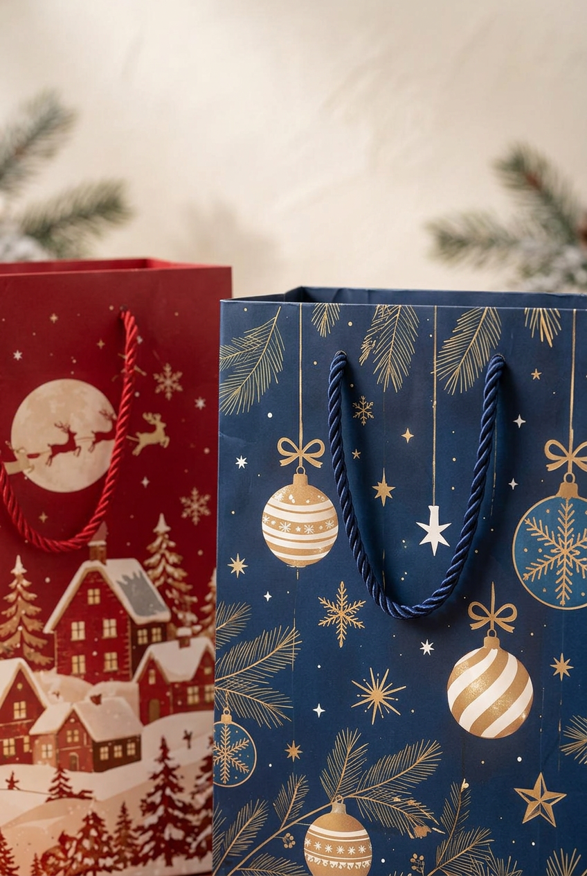 Christmas Stories Gift Bag Set with Rope Handles – Colorful Holiday Gift Packaging with Snowy Village, Woodland Deer, Holly, Ornament & Snowman Designs