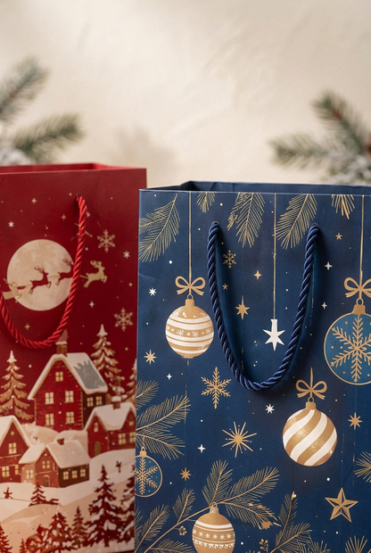 Christmas Stories Gift Bag Set with Rope Handles – Colorful Holiday Gift Packaging with Snowy Village, Woodland Deer, Holly, Ornament & Snowman Designs