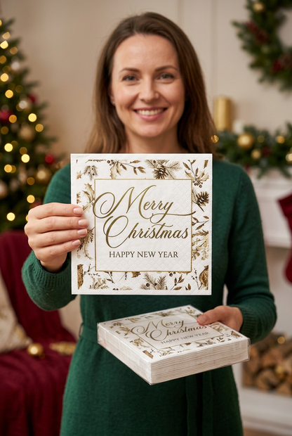 Female model holding botanical Christmas napkins
