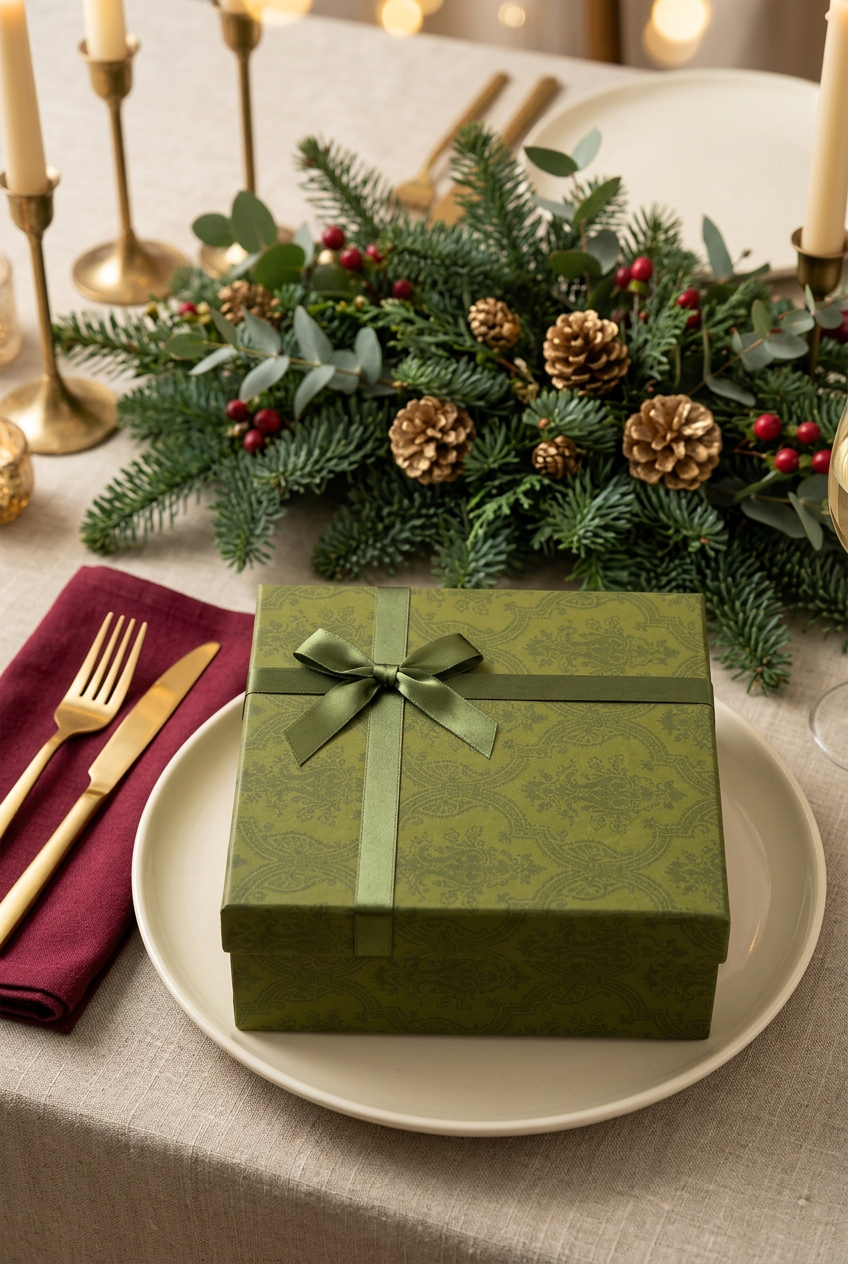Olive-green soap gift box beside festive burgundy and gold table settings